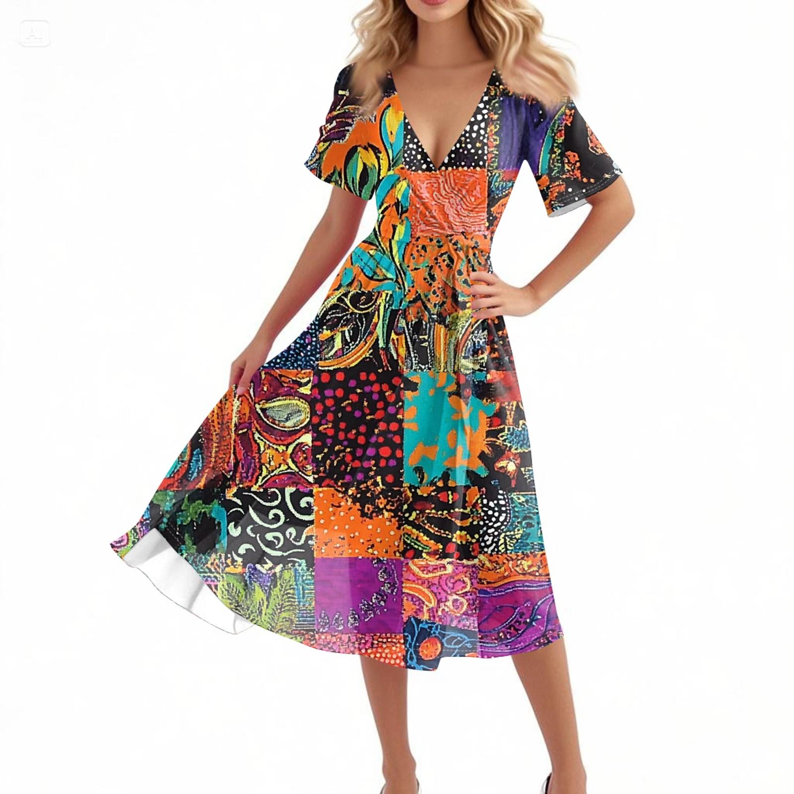 

Women s Casual Fashion Flared Skirt V-neck Short-sleeved Floral Print Dress M шафрановий