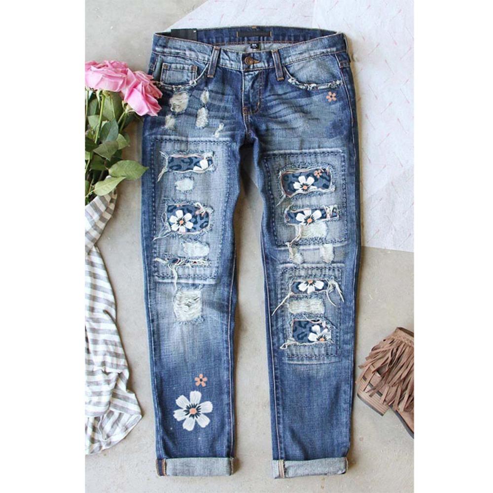 Women's Mid Rise Straight Leg Distressed Jeans Loose Fit Commuter Denim Pants Floral Patch Print Micro Stretch Vintage Washed Long Trousers For Autumn