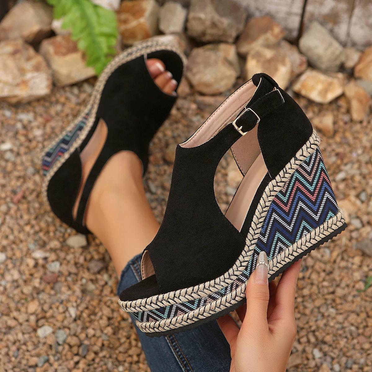 

Fashion Women Sandals Platform Wedge 2025 Plus Size Lightweight High Heels Shoes Women Summer New Round Toe Sandals Sandalias De Mujer 36 чёрный