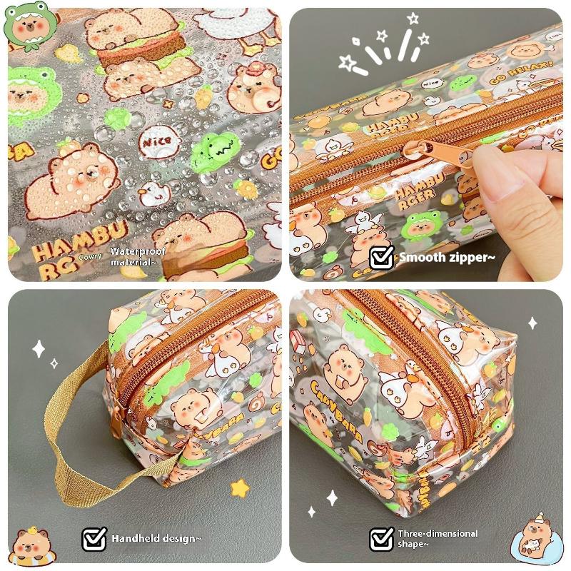 Cute Cartoon Capybara Bear Pvc Pen Bag Transparent Large Capacity Pencil Case Stationery Storage Bag Stationery Box Supplies