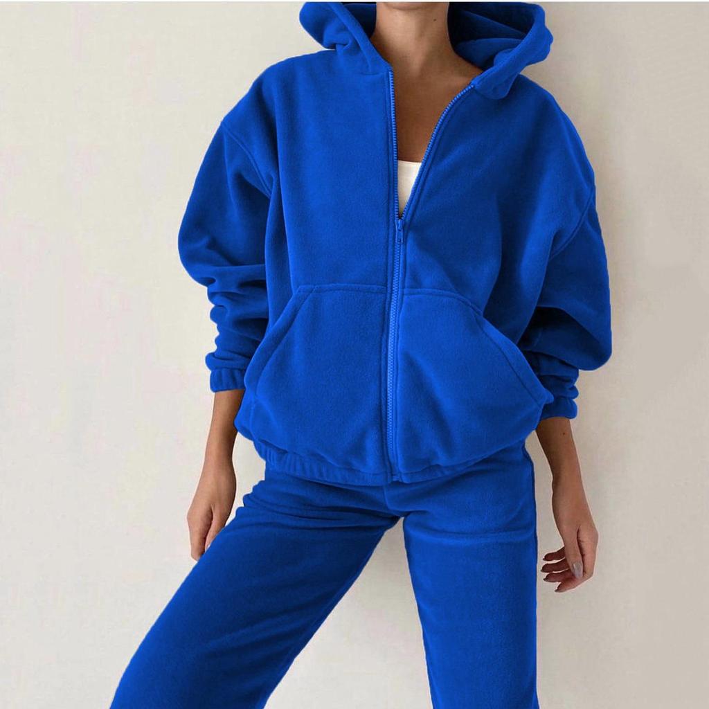 Women Solid Color Long Sleeve Hooded V Neck Hoodies Suit Autumn Winter Loose Top Wide Leg Pants