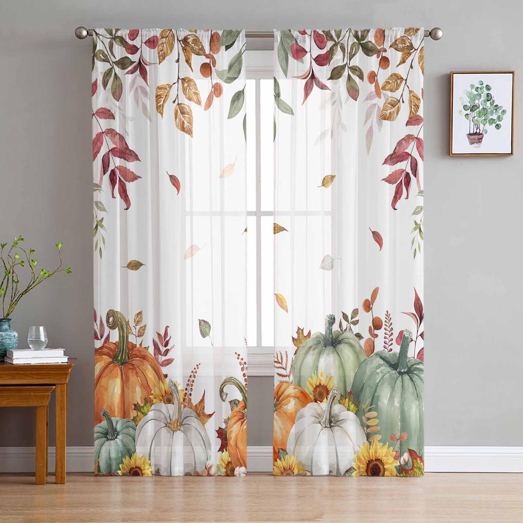 Thanksgiving Pumpkin Maple Leaf Sheer Drapes for Living Room Decoration Window Curtain Kitchen Curtain Panels