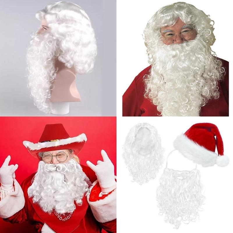 Santa Costume with Santa Beard, Santa Hat, Santa Wig for Adult Cosplay, Christmas Santa Costume Decoration for Women Men