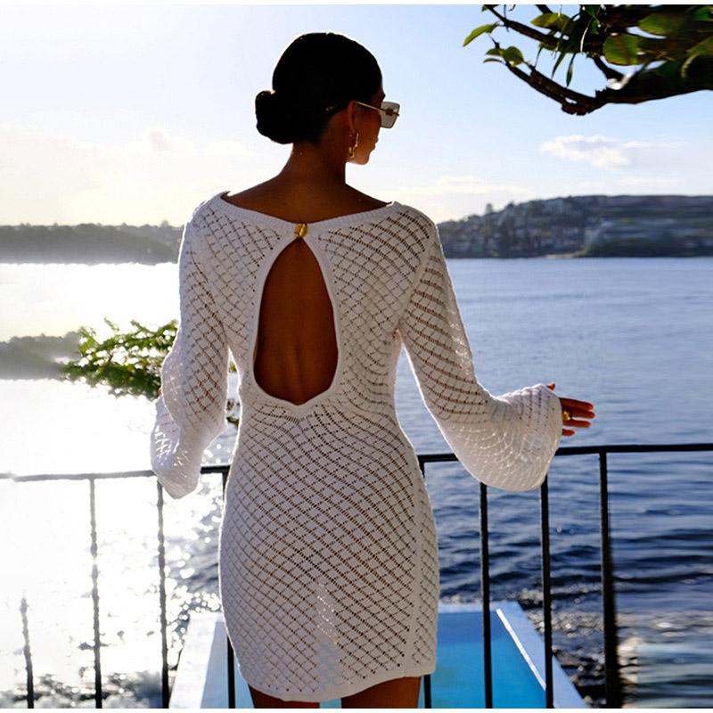 Women's Long Sleeve Backless 2026 Spring Summer Knit Dress Beach Bikini Cover-Up Tunic Hollow Out Crochet Swimsuit Female Swimwear