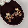 Vintage Metal Pearl Flower Drop Earrings for Women Exquisite Brown Drip Oil Irregular Petal Temperament Earrings Wedding Zircon