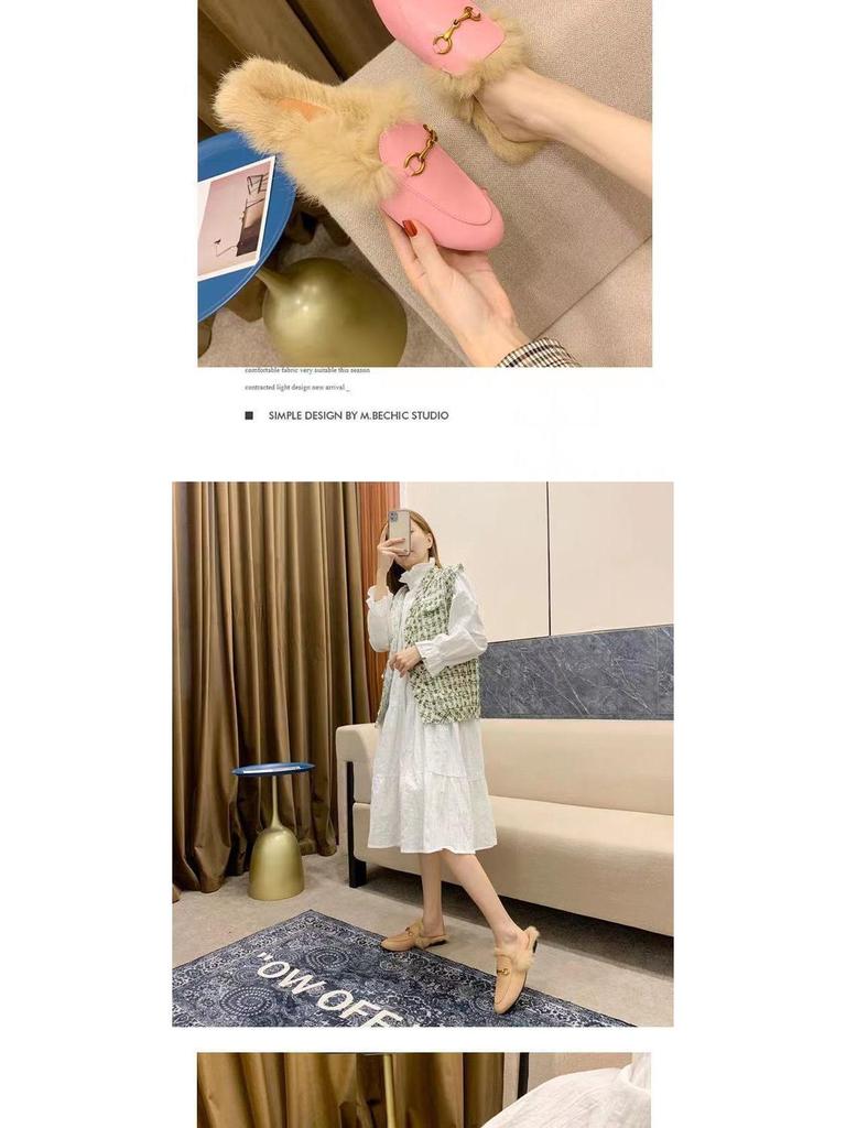 2025 Women's Genuine Leather Furry Half-Slippers with Horsebit Strap - Warm Autumn/Winter Shoes