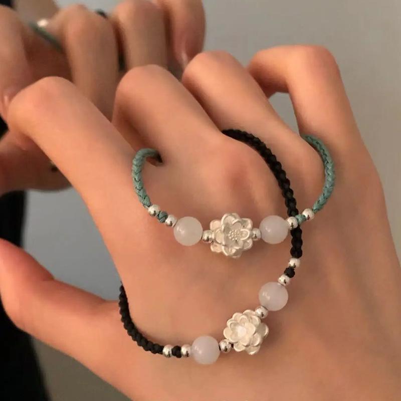 National Style New Chinese Good Luck Lotus Lotus Woven Rope Lotus Bracelet Women'S Retro Simple Personality Versatile Bracelet Jewelry