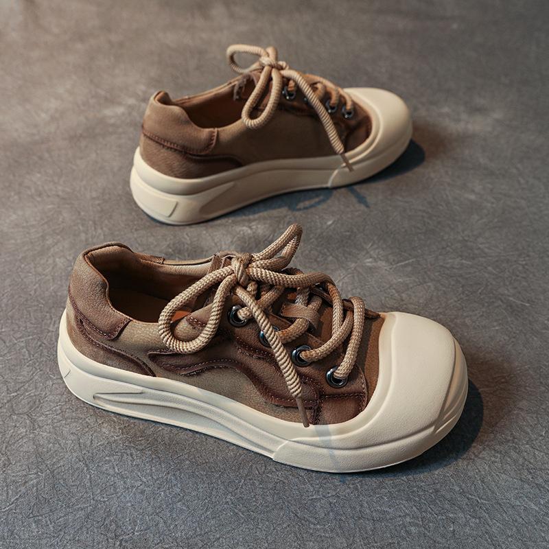 

Первый слой коровьей кожи женские повседневные туфли весна 2025 новая кожа ретро шнуровка платформа одинарные туфли женские маленькие кеды 35