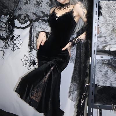 Women Halloween Cosplay Dress V Neck Lace V Neck Spaghetti Strap Fishtail Hem Dark Style Gothic Medieval