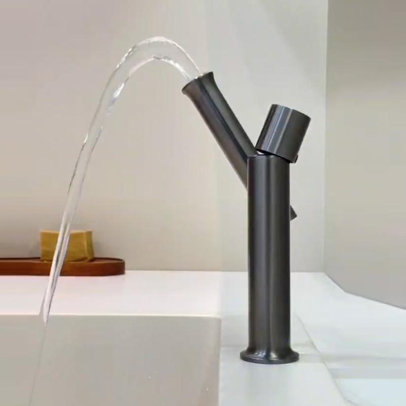 Gray/Brushed Gold Folded Basin Faucet 304 Stainless Steel Hot Cold Rotation Sink Mixer Sink Tap Lever Lavatory Tap for Bathroom