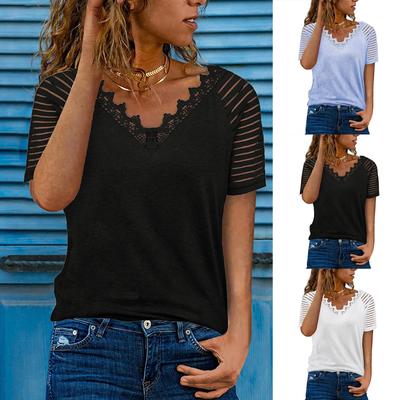 Spitzenpullover mit V-Ausschnitt, kurzärmeliges Oberteil, einfarbiges lässiges T-Shirt für Damen