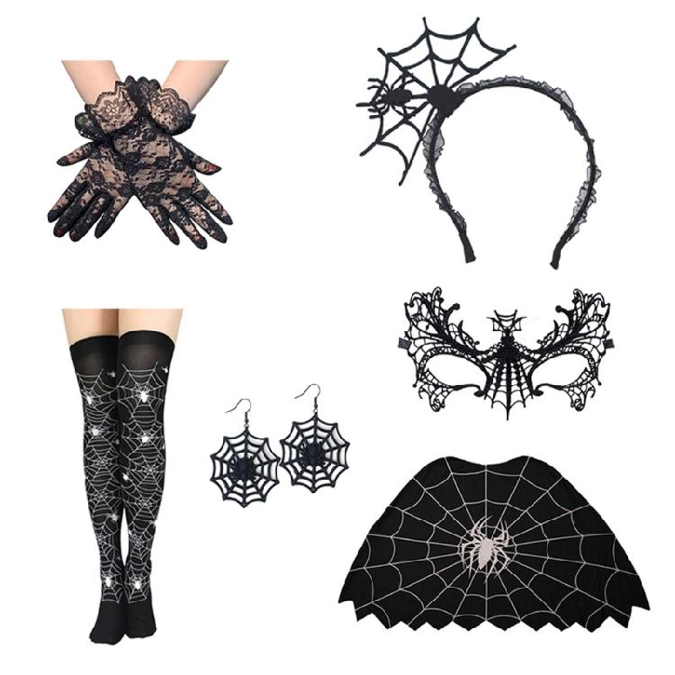 

6Pcs Spiders Web Costume Accessory Halloween Costumes Spiders Web Poncho Gloves Earring Headband Stockings for Women 1