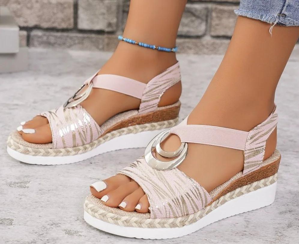 Women's Summer Wedge Sandals Elastic Strap Metal Decoration One Kick Women Sandalias Outdoor Daily Commute Sandalias De Mujer