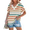 Women's Summer V Neck Striped T-shirt, Rolled Short Sleeve Loose Casual Color Block Stripe Daily Wear Blouse Tops