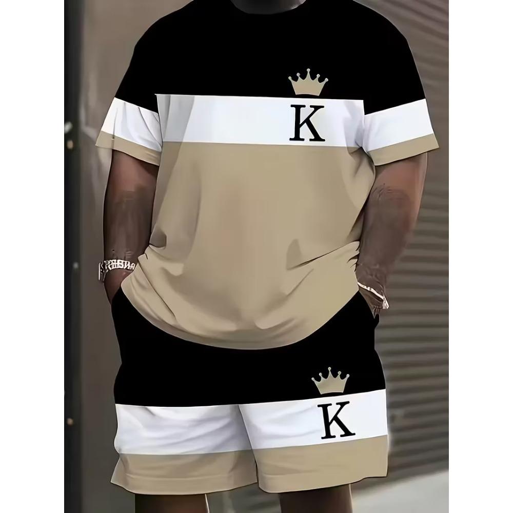 New King Crown Printed T-shirt and Shorts 2-piece Set for Men's Sports Short Sleeves and Shorts Outdoor Street Men's Wear