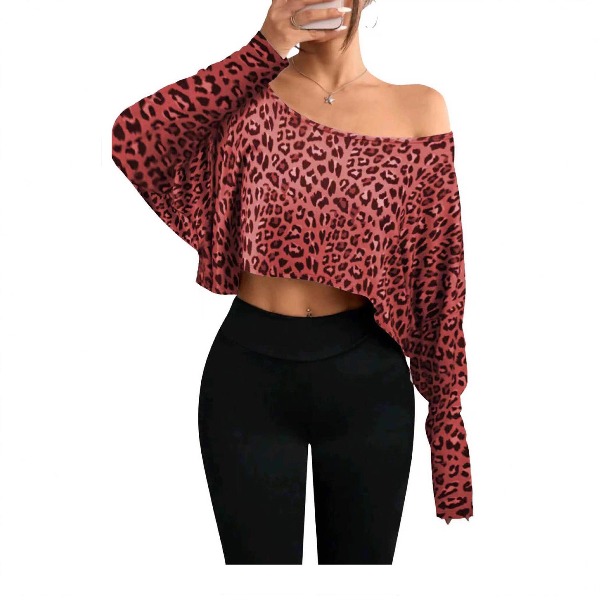 

Elegant Leopard Print One-Shoulder Cropped Top for Women - European & American Style Long Sleeve Outerwear T-shirt. Small вина червоного кольору