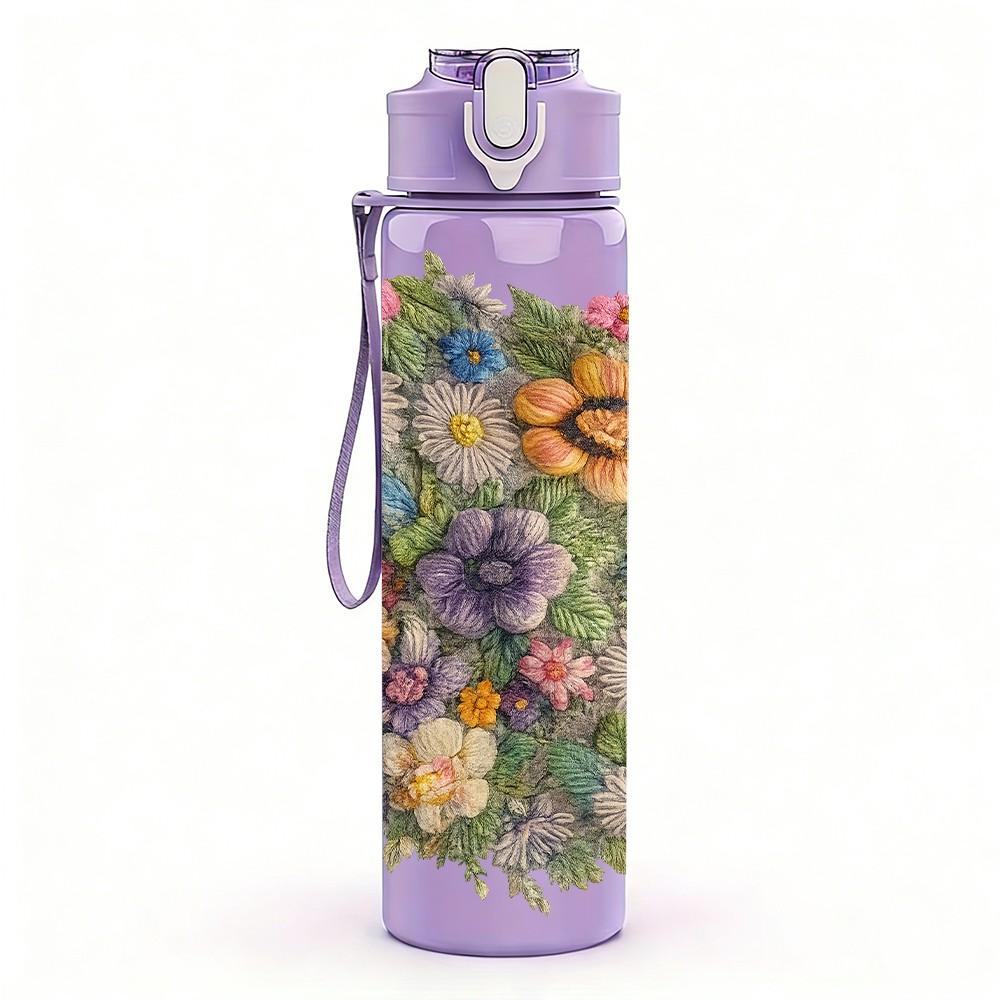1PC Multicolor Wildflower Bouquet Print 750ml Color Plastic Sports Water Bottle Leakproof Flip Straw Lid Suitable for Sports Office Home Use