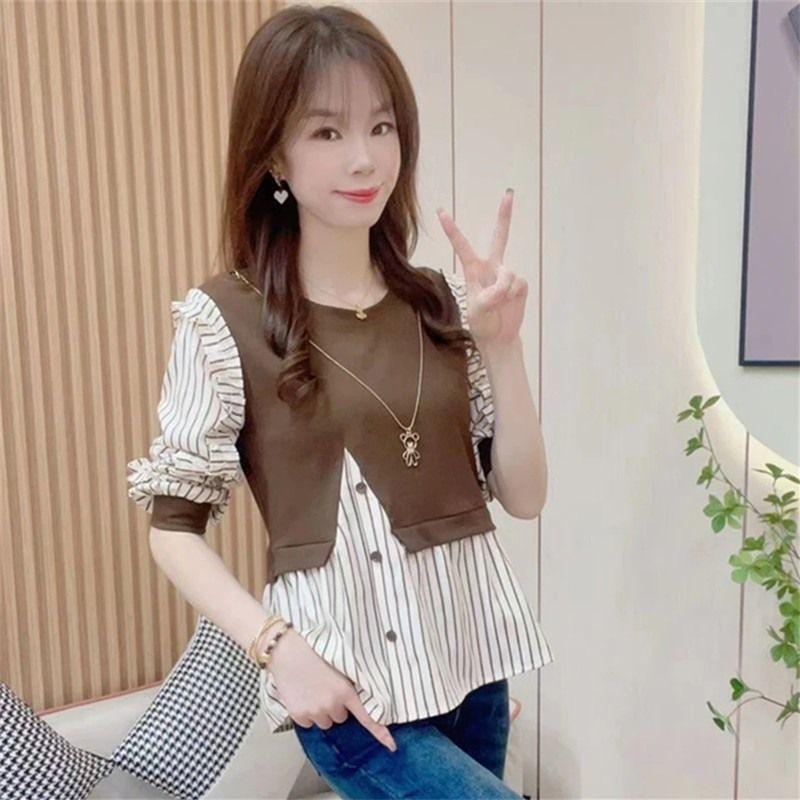 

Spring Autumn Fashionable Black Fungus Lace Sleeves Covering the Belly Slim Fit Slim Splicing Two Versatile Tops S коричневый