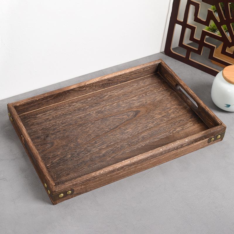 Rectangular Burnt Paulownia Wood Tray: Solid Wood Japanese-Style Tea Set Tableware