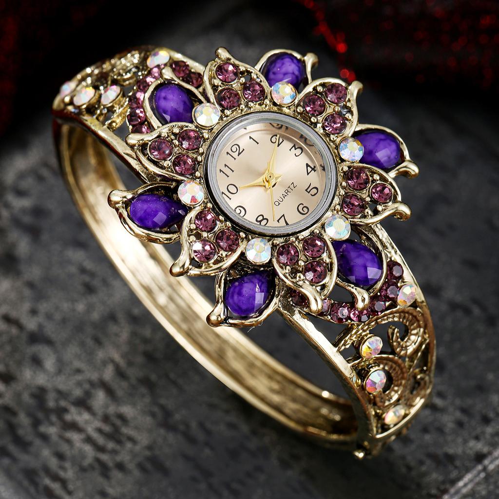 Rhinestone Flower Decor Quartz Bracelet Watch Analog Cuff Bangle Dress Wristwatch