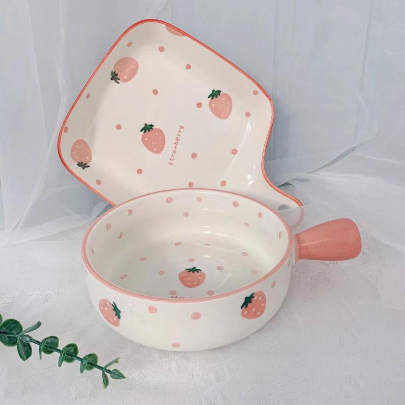 Nordic Style Hand-Painted Ceramic Plates & Bowls with Handles for Microwave, Baking, and Steamed Eggs
