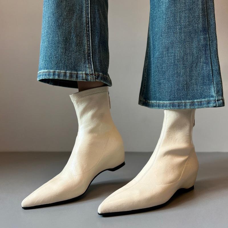 SIXWOO commuter inner height gain slim boots 4.5cm pointed soft leather elastic boots rear zipper wedge heel boots new