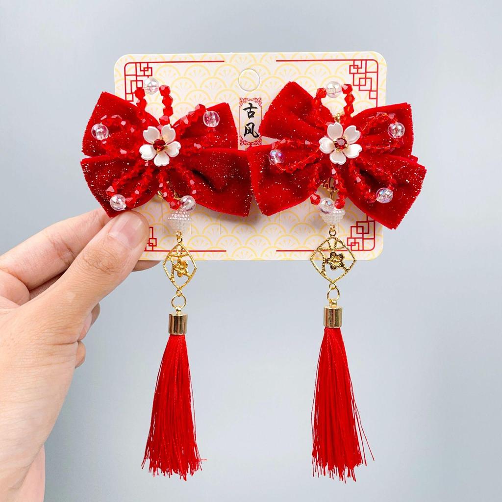 Red New Year Hanfu Hair Clips for Girls - Chinese Style Floral Headwear