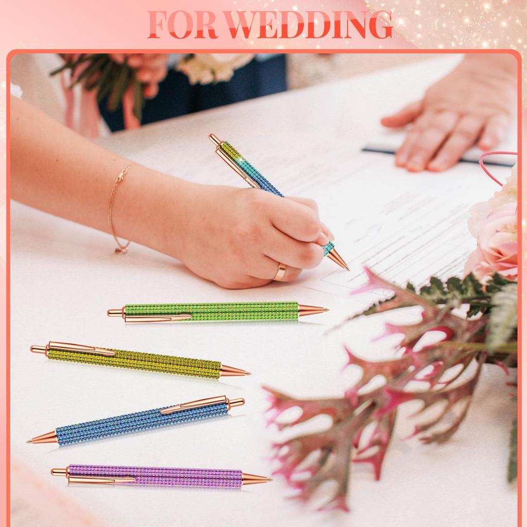 Bling Pens for Women, 4Pcs Colorful Rhinestone Pen and 8Pcs Black Ink Retractable Refills for Girl (0.7mm)