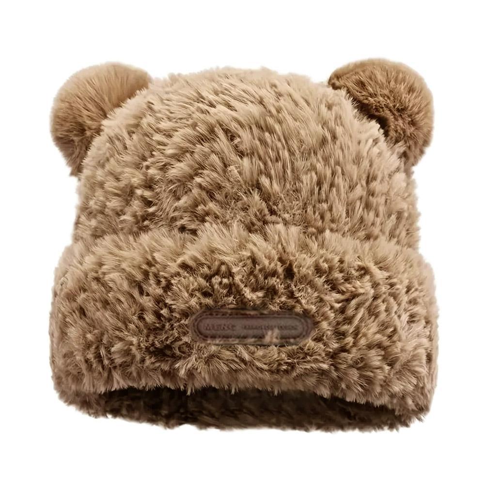 Cute Little Bear Beanie Thickened Warm Plush Hat Lovely Knitted Cap Solid Color Casual Bear Ear Hat Winter Fashion Accessories