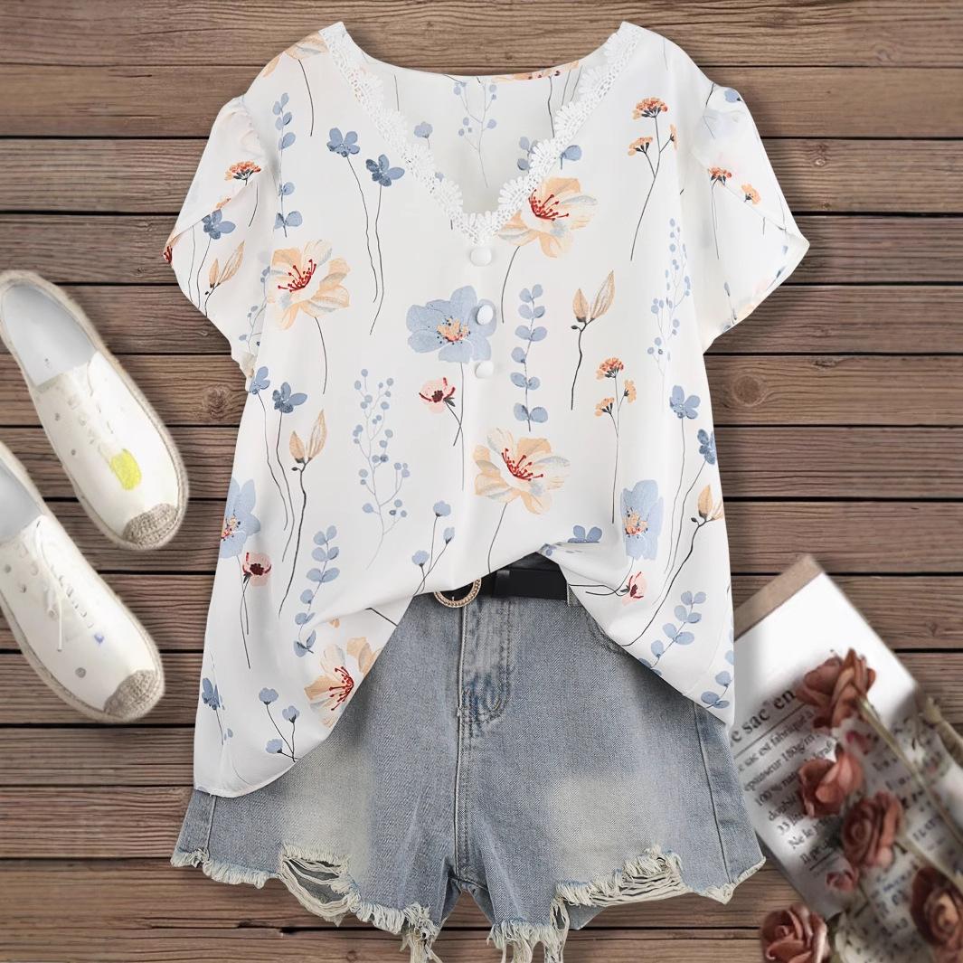 

New Short-sleeved V-neck Lace Patchwork Printed Shirt in Loose Large Size with Buttons - Women s Top 4XL білий