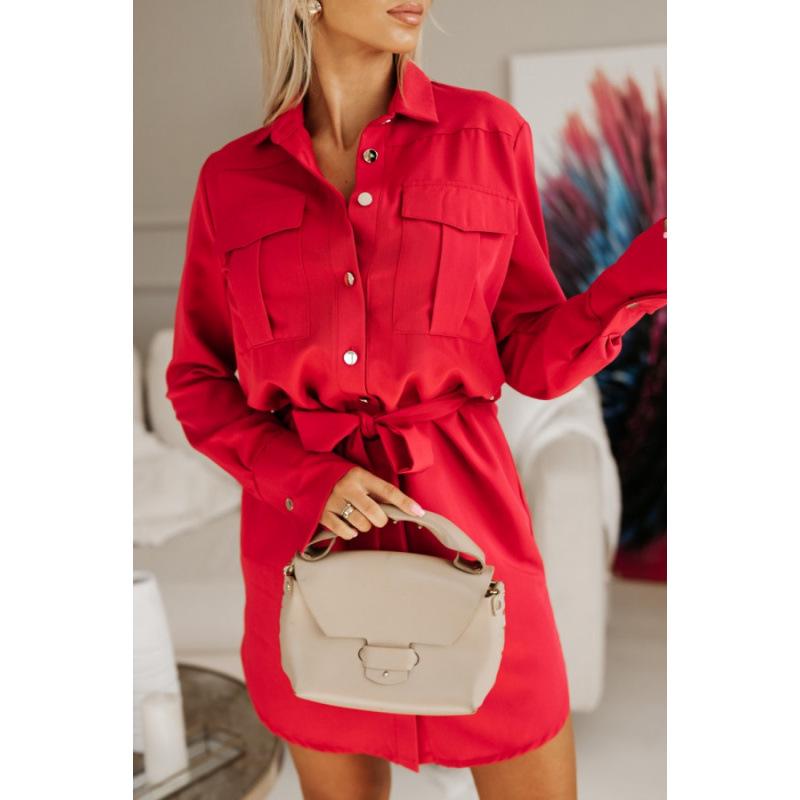 

Lace-Up Lapel Solid Color Shirt Dress - 2024 Fashion XL червоний