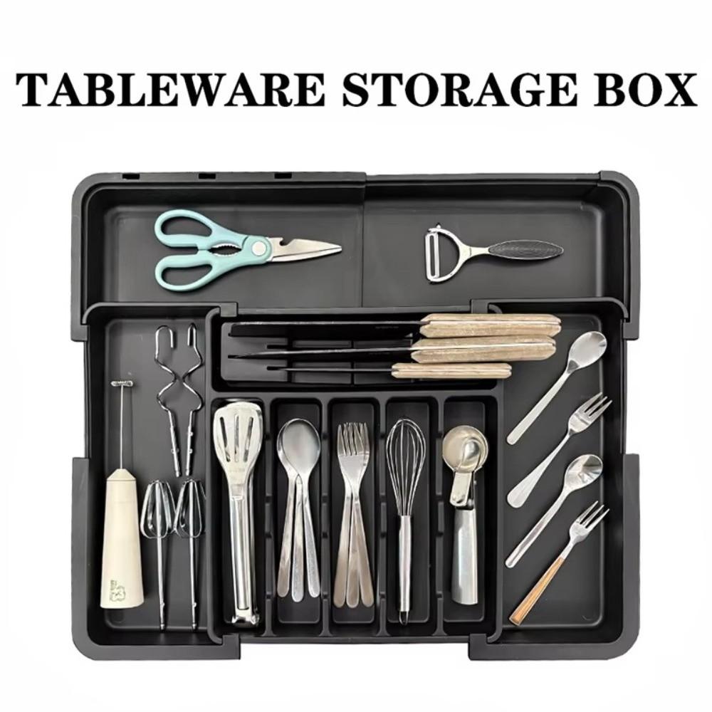 Retractable Drawer Storage Tray Partition Design Plastic Cutlery Organizer with Knife Holder Large-capacity Kitchen Storage Box