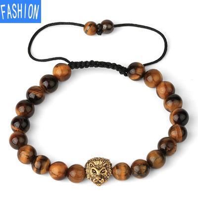 Natürlicher gelber Tigerauge-Tier-Charm, vergoldet, braun, Hip-Hop, geometrisch, verstellbar, gewebtes Armband, verstellbar