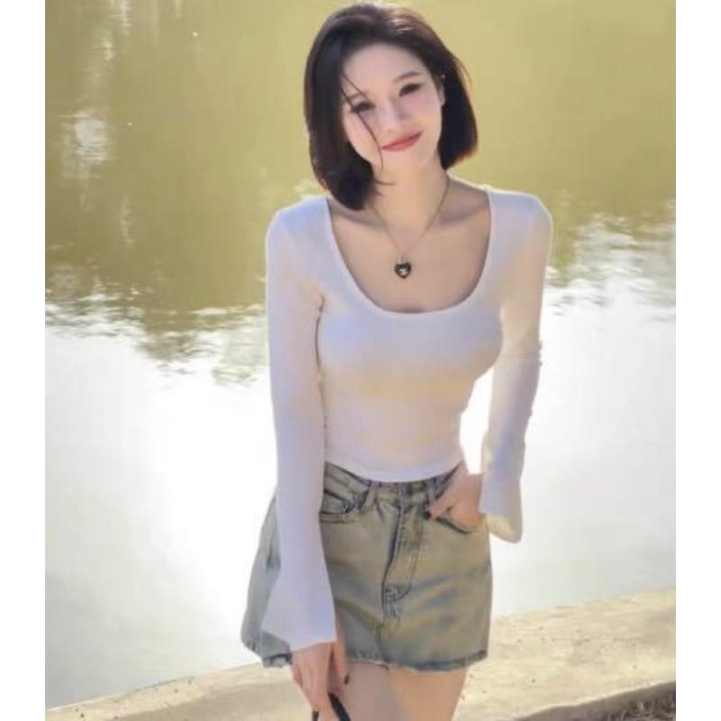 Noul Tricou de Toamnă și Iarnă Pure Wind cu Gât U, Mânecă Lungă pentru Femei cu Mânecă Corn Subțire, Cămașă de Bază