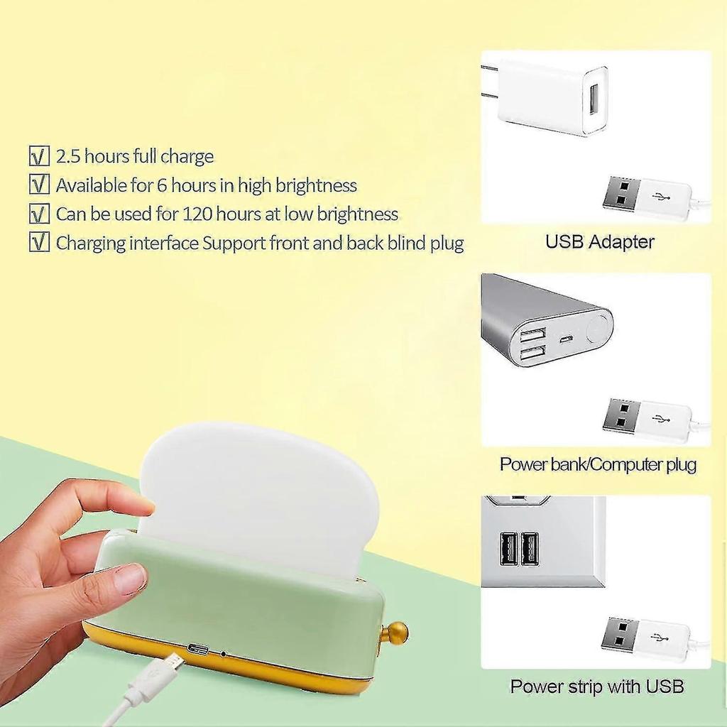Toast Bread Led Night Lamp, Cute Desk Decor Toaster Light Rechargeable With Timer, Creative Design Portable Bedroom Bedside , Green/dd