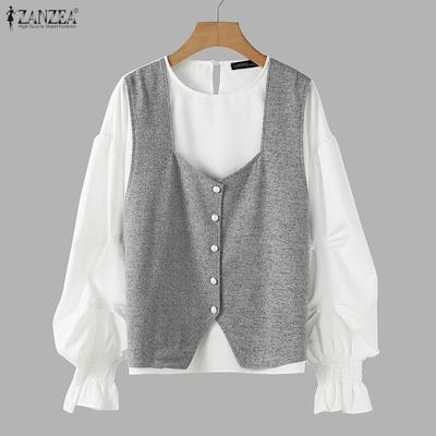 Women Round Neck Casual Long Sleeve Patchwork Blouse