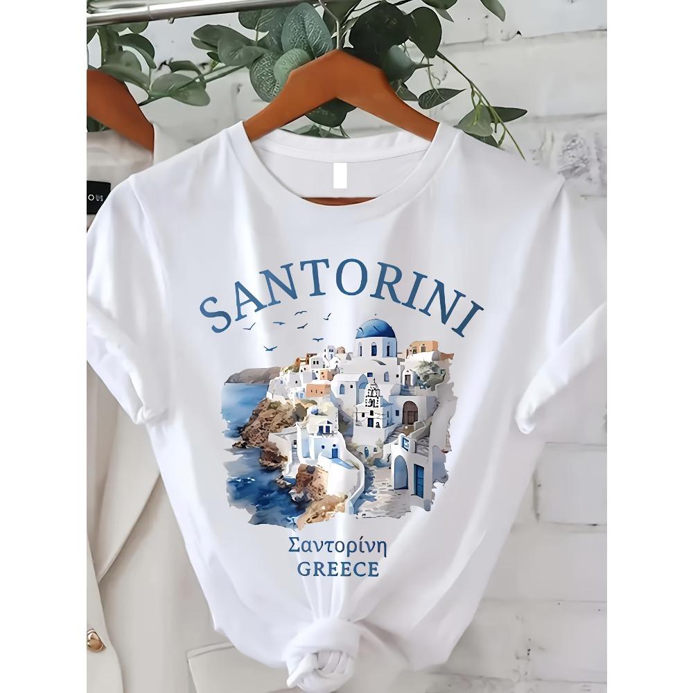 

Vibrant Santorini Graphic Print Crew Neck T-Shirt Breathable Short Sleeve Casual Summer and Spring Women s Fashion Clothing S