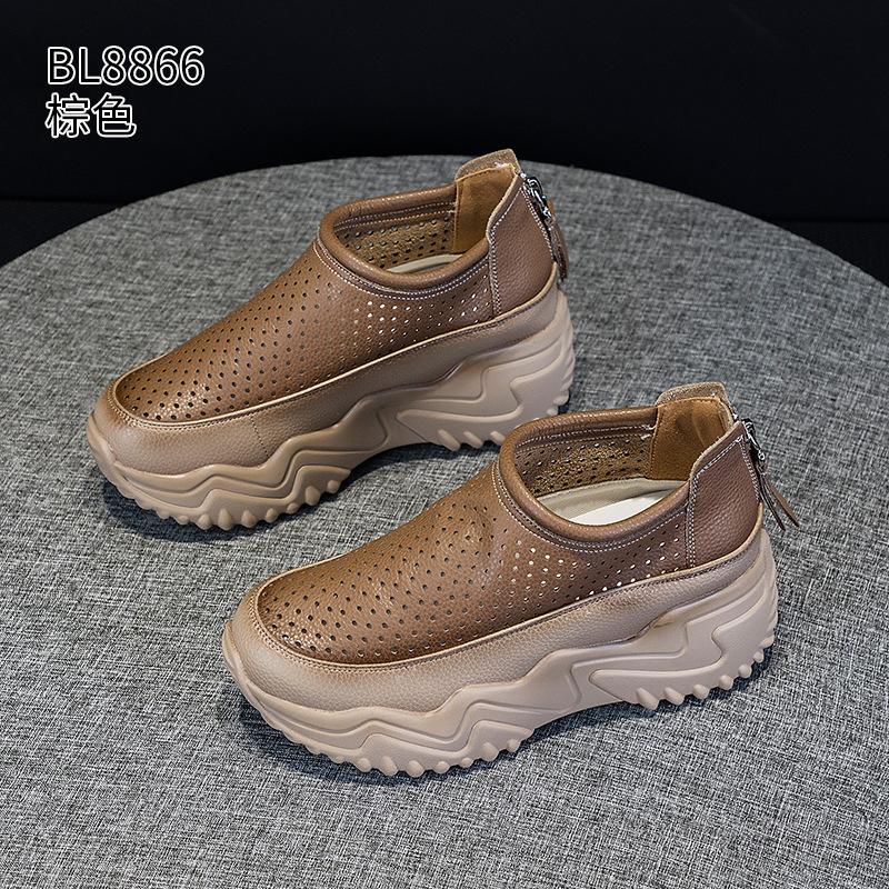Dad Shoes Summer New Leather Thick-soled Heightening Small Breathable Hollow Hole Shoes
