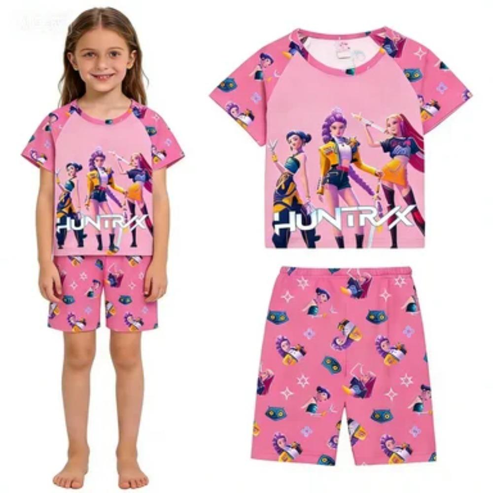 New T-shirt Set for Girls' Summer Clothing with Printed Design, Cartoon Fashion, Comfortable Children's Set