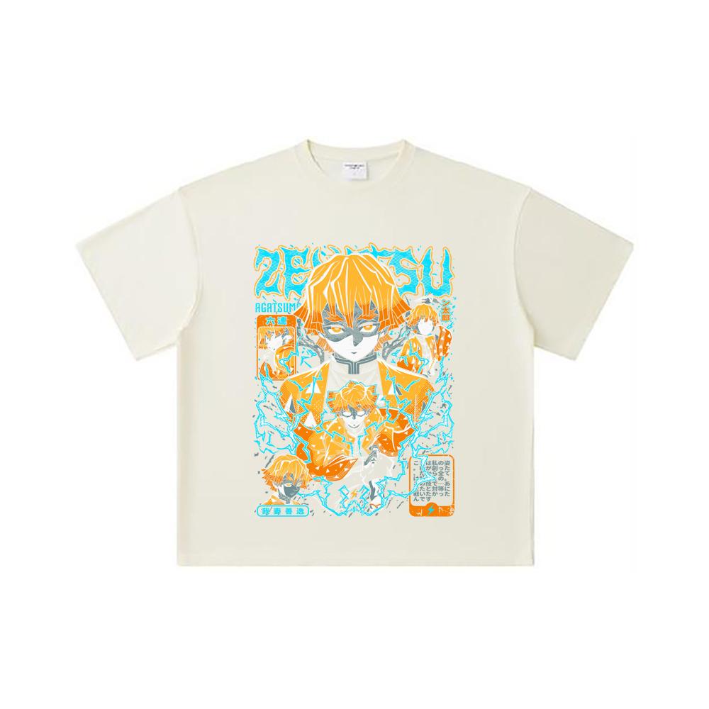 260 GSM Double Yarn 32 Count 100% Cotton Demon Slayer V100 Zenitsu Print Unisex Heavy Cotton T Shirt