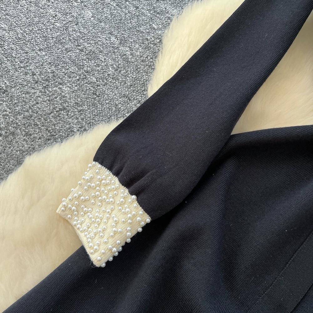 Autumn Winter Women Vintage Black Knitted Sweater Pullover Dresses with Beading