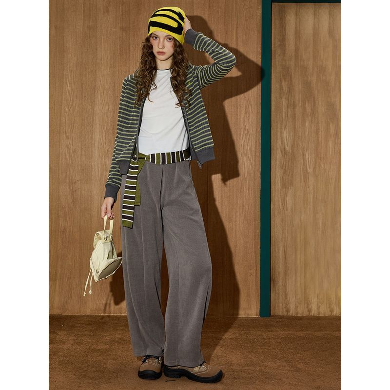 Coolhut American Retro Stripesd Hooded Short Jacket with Lace-Up Decoration Zipper Top Autum New Women's Jacket