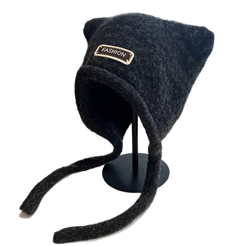 Autumn and Winter Knitted Hats for Girls Cute Ears  Big Head Circumference Woolen Hat  Warm Ear Protection  Face Shaping Small Toe Cap