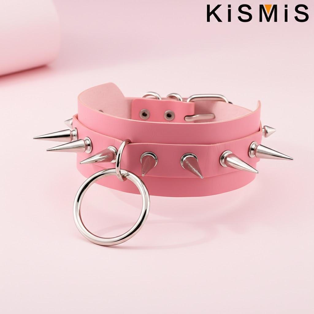 

Exaggerated Harajuku Style O-ring Collar Necklace Spiked Rivet Chain for Nightclub Bar Street Fashion рожевий