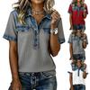 Denim Patchwork Shirts For Women Stand Collar Casual Blouse Short Sleeve Comfy Tshirt Spring Summer Fashion