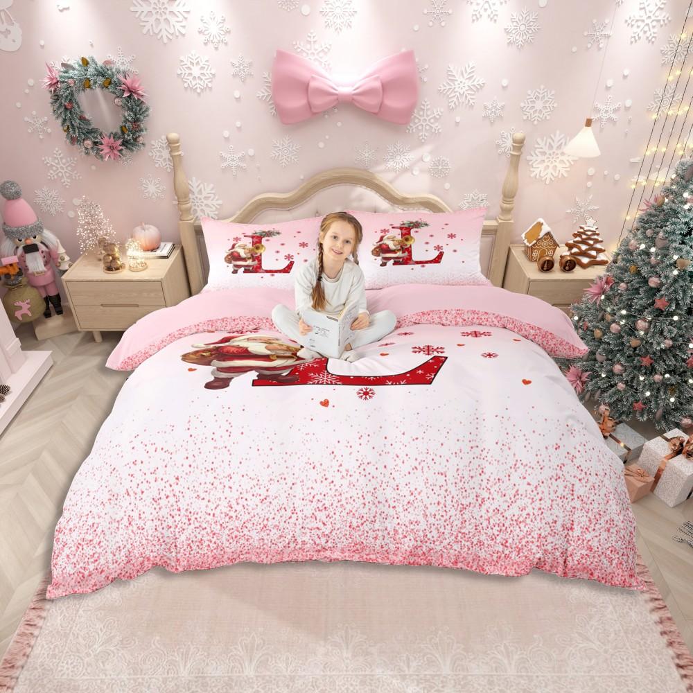 Homewish Červený Set povlaku na přikrývku s písmeny A až M, Kawaii Kreslený Set ložního prádla s Santa Clausem, Veselé Vánoce Oboustranný Set do postele