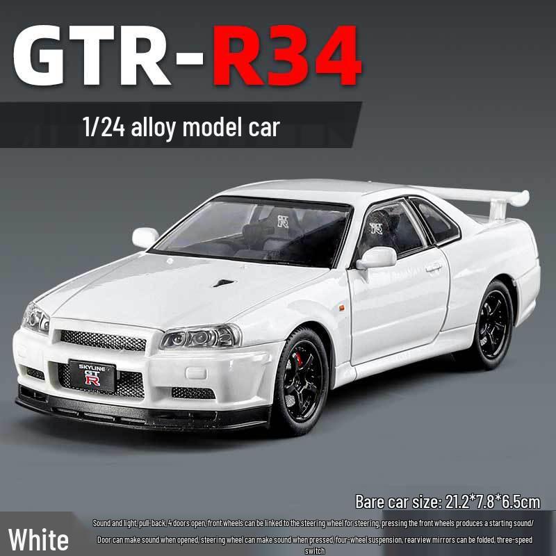 1:24 Alloy GTR R34 Model Car Toy with Sound, Light, Openable Doors, Four-Wheel Steering, and Pull-Back Action