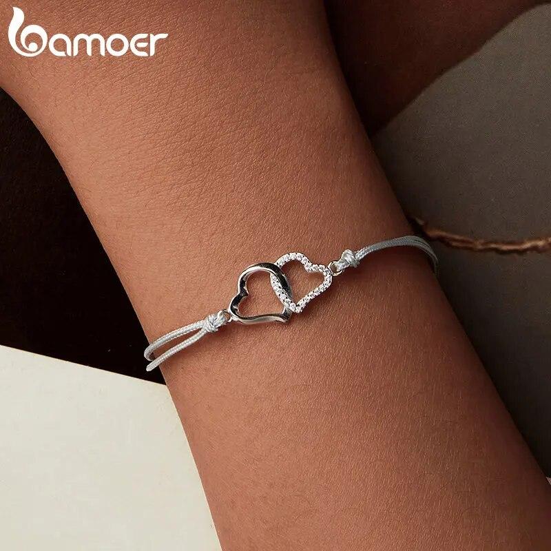 BAMOER Personalized Heart To Heart Bracelet 925 Sterling Silver Dainty Gray Rope Link Chain Bracelet for Women Teen Girls