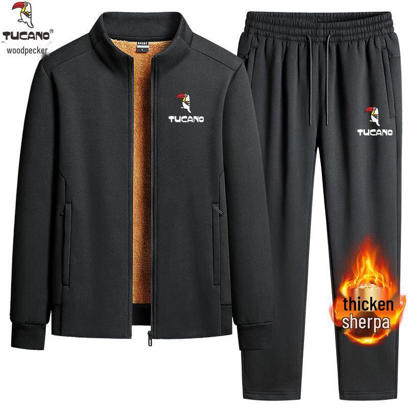 Woodpecker Men's Winter Lambswool Tracksuit Set - Stand Collar, Fleece-Lined, Loose Fit, Two-Piece