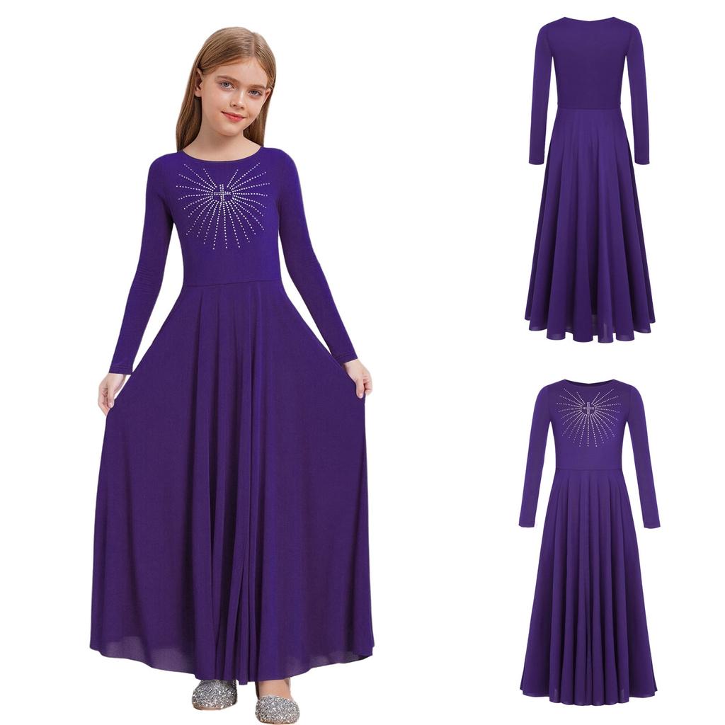 Glittery Rhinestone Church Choir Dress for Girls: Round Neck Long Sleeve A-line Maxi for Liturgical Worship Dance